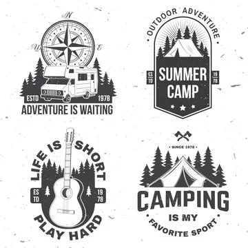 Set of camping badges. Vector illustration. Concept for shirt or logo, print Stock Illustration