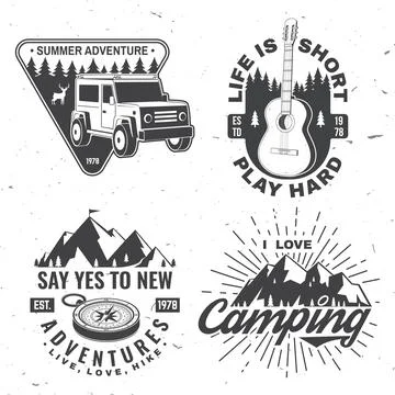 Set of camping badges. Vector illustration. Concept for shirt or logo, print Stock Illustration
