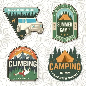 Set of camping badges. Vector illustration. Concept for shirt or logo, print Stock Illustration