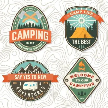 Set of camping badges. Vector Patch or sticker. Concept for shirt or logo, print Stock Illustration