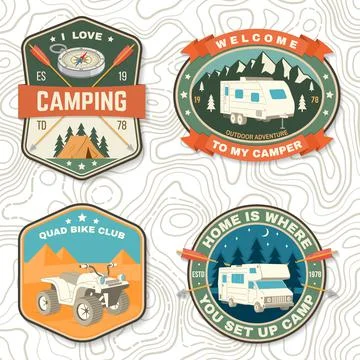 Set of camping badges. Vector Patch or sticker. Concept for shirt or logo, print Illustrazione stock