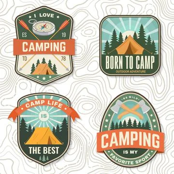 Set of camping badges. Vector Patch or sticker. Concept for shirt or logo, print Stock Illustration