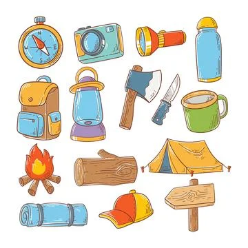 Set of camping element colored hand drawn doodle illustration 库存插图