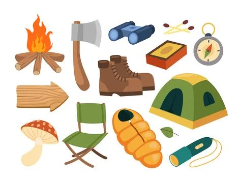 Set of Camping Element Objects set collection, Axe, Flashlight, Tent, Campf.. Stock Illustration