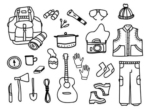 Set of camping elements with touristic accessories and equipment. Stock Illustration