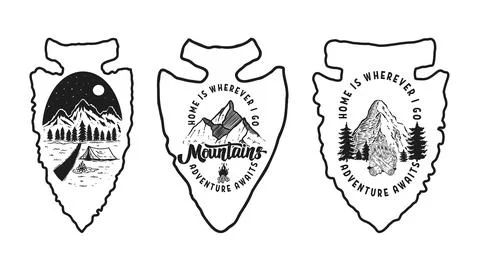 Set of Camping emblem in arrowhead shape. Design element for poster, card, .. 스톡 일러스트