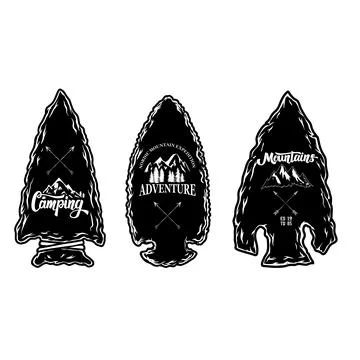 Set of Camping emblem in arrowhead shape. Design element for poster, card, .. 스톡 일러스트