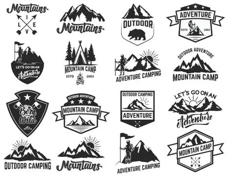 Set of camping emblems isolated on white background. Hiking, tourism, outdoor Ilustração Stock