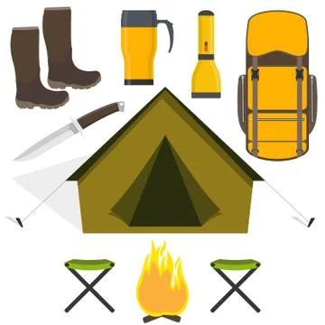Set of camping equipment tent, backpack, fire, boots, flashlight, mug, knife, Ilustración de archivo