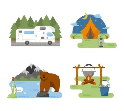 Set of camping equipment vector icons. Stock Illustration