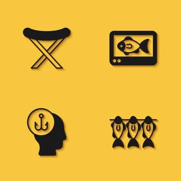 Set Camping folding chair, Dried fish, Fisherman and finder echo sounder icon Stock Illustration
