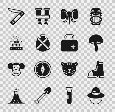 Set Camping hat, Hunter boots, Mushroom, Elephant, Canteen water bottle, Chichen Stock Illustration