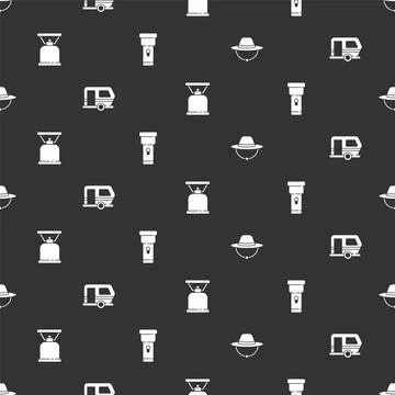 Set Camping hat, Rv trailer, gas stove and Flashlight on seamless pattern イラスト素材