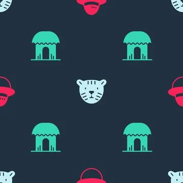 Set Camping hat, Tiger head and African hut on seamless pattern. Vector Stock Illustration
