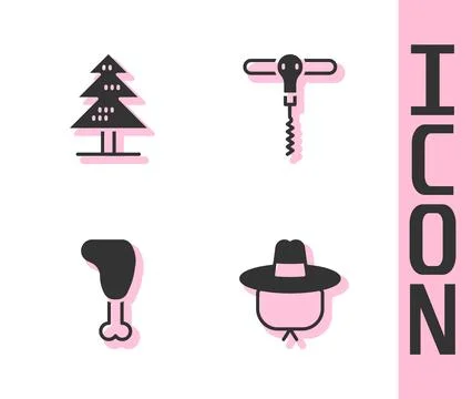 Set Camping hat, Tree, Chicken leg and Wine corkscrew icon. Vector Stock Illustration
