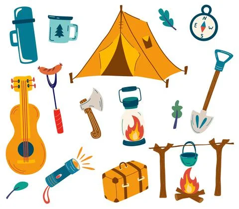 Set of camping items. Big set of tourist items for vacation. Luggage icons fo Ilustración de archivo