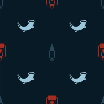 Set Camping lantern, Bullet and Hunting horn on seamless pattern. Vector Stock Illustration
