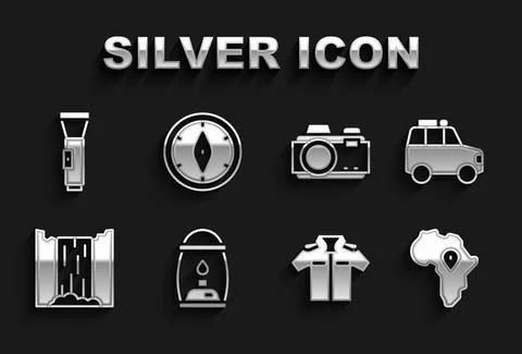 Set Camping lantern, Car, Map of Africa, Shirt, Waterfall, Photo camera Ilustração Stock