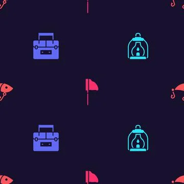 Set Camping lantern, Case container for wobbler, Fishing net with fish and lure Stock Illustration