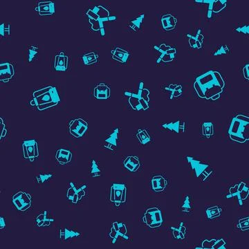 Set Camping lantern, Hiking backpack, Slingshot and Tree on seamless pattern 库存插图