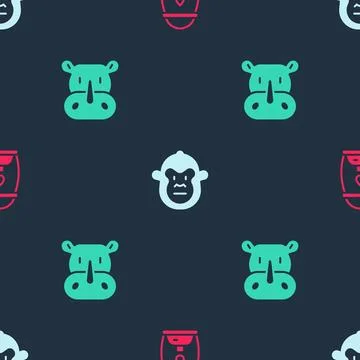 Set Camping lantern, Monkey and Rhinoceros on seamless pattern. Vector Illustrazione stock