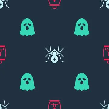 Set Camping lantern, Spider and Ghost on seamless pattern. Vector Stock Illustration