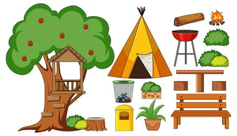 Set of camping objects isolated Illustrazione stock