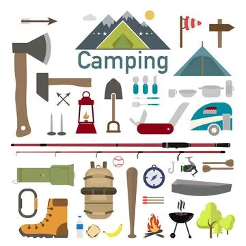 Set of camping or hiking, concept icons and symbols. Vector Stock Illustration