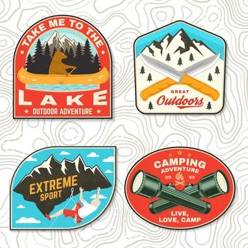 Set of camping patch, sticker. Outdoor adventure vector badge design. Vinta.. 库存插图
