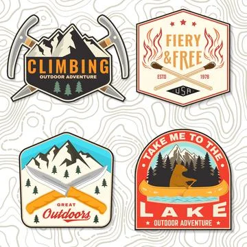Set of camping patch, sticker. Outdoor adventure vector badge design. Vinta.. Stock Illustration