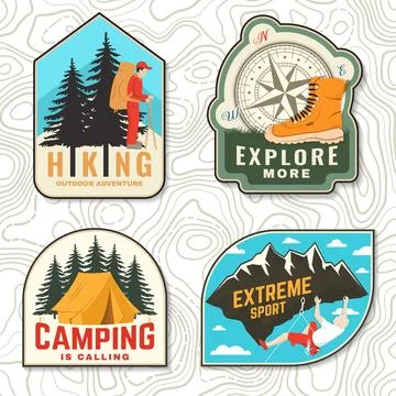 Set of camping patch, sticker. Outdoor adventure vector badge. Vintage typo.. Stock Illustration