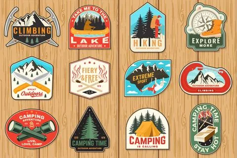 Set of camping patch, sticker. Outdoor adventure vector badge design. Vinta.. 库存插图