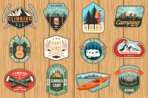 Set of camping patch, sticker. Outdoor adventure vector badge design. Vintage Stock Illustration