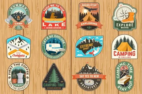 Set of camping patch, sticker. Outdoor adventure vector badge design. Vinta.. Stock Illustration
