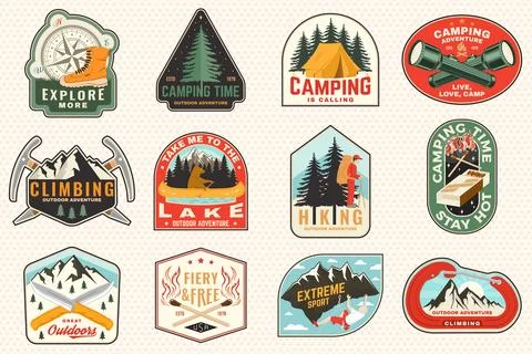 Set of camping patch, sticker. Outdoor adventure vector badge design. Vintage 库存插图