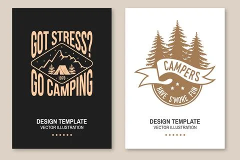 Set of camping poster design. Vector. Outdoor adventure. Design with forest,  Illustrazione stock