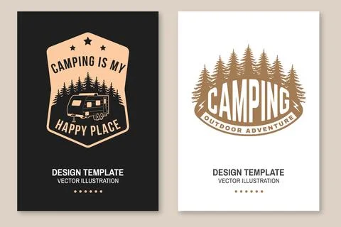 Set of camping poster design. Vector. Outdoor adventure. Design with forest a Illustrazione stock