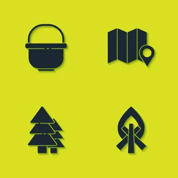 Set Camping pot, Campfire, Tree and Location of the forest on map icon. Vector Stock Illustration