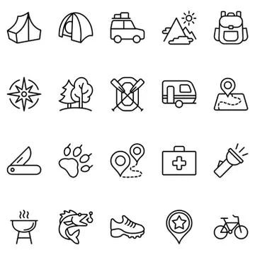 Set Camping Related Vector Line Lines. Stock Illustration