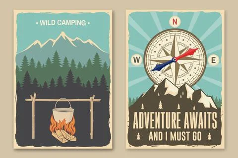 Set of camping retro posters. Vector illustration. Concept for shirt or logo Ilustración de archivo