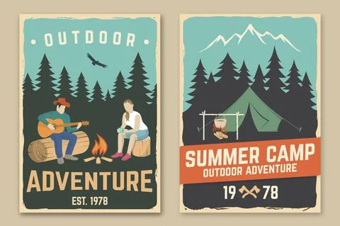 Set of camping retro posters. Vector. Concept for shirt or print, stamp, travel Stock Illustration