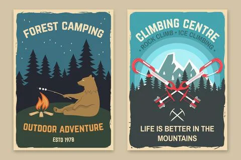Set of camping retro posters. Vector illustration. Concept for shirt or logo 库存插图