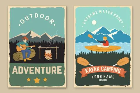Set of camping retro posters. Vector. Concept for shirt or print, stamp, travel Stock Illustration