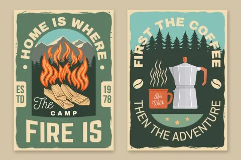 Set of camping retro posters. Vector illustration. Concept for badge, patch Stock Illustration