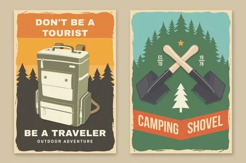 Set of camping retro posters. Vector. Outdoor adventure. Vintage typography Illustrazione stock