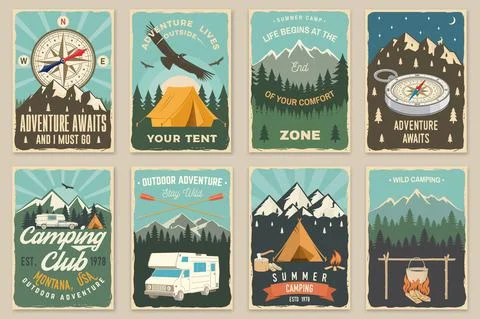 Set of camping retro posters. Vector illustration. Vintage typography design Stock Illustration