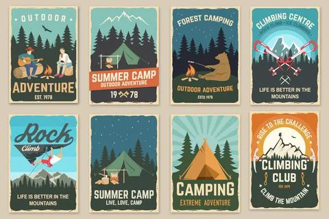 Set of camping retro posters. Vector illustration. Vintage typography design Stock Illustration