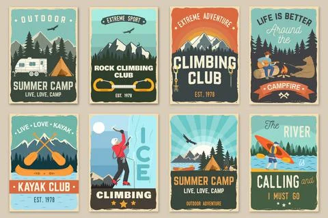 Set of camping retro posters. Vector. Concept for patch, shirt, print, stamp or Stock Illustration