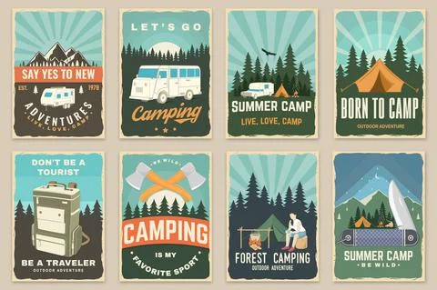Set of camping retro posters. Vector. Outdoor adventure. Vintage typography Illustrazione stock