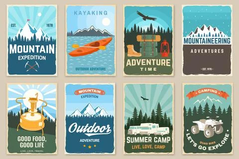 Set of camping retro posters. Vector. Outdoor adventure. Vintage typography Stock Illustration